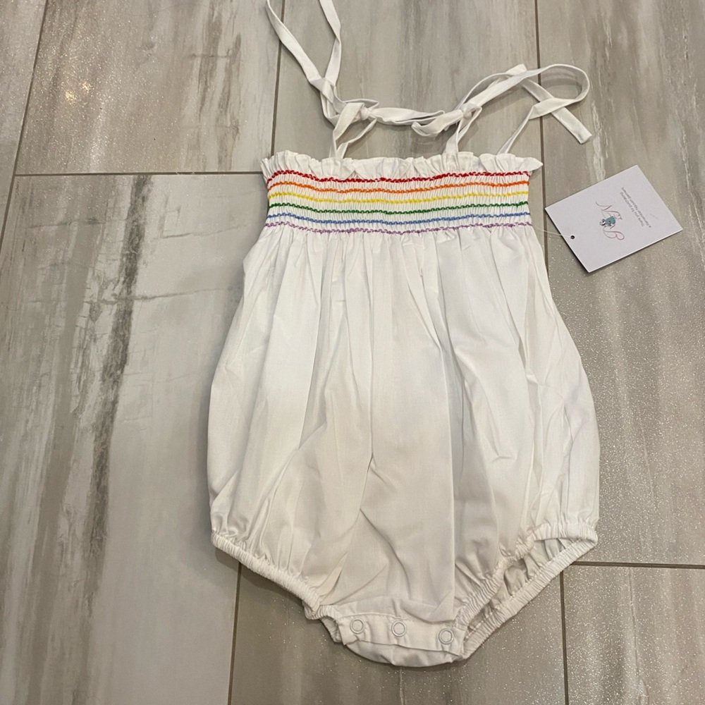 NWT Remember Nguyen Rainbow Stripe Smocked Vivian Tie Bubble Romper, Girls 18M